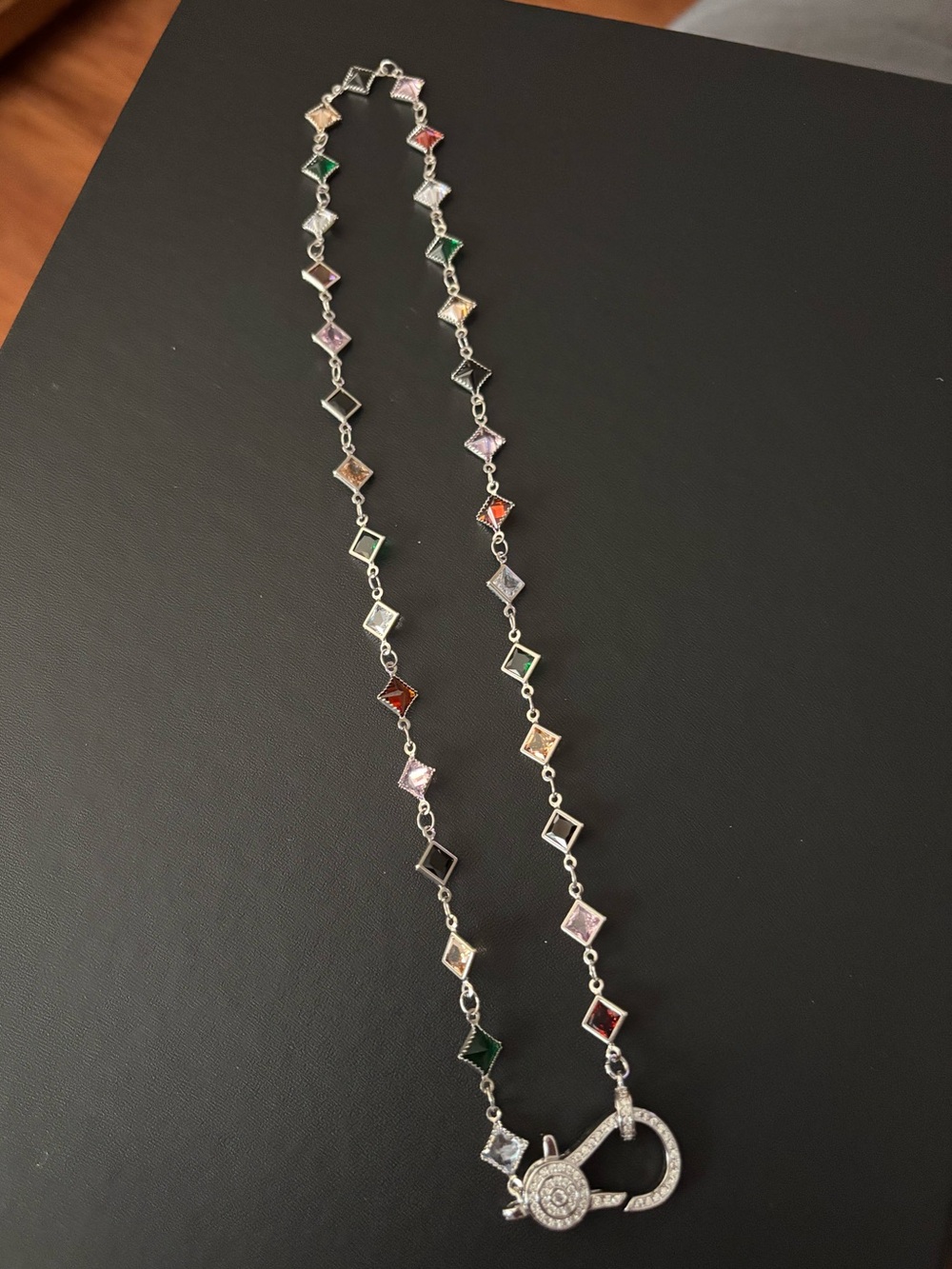 White Gold Plated Multicolor Gem Station Necklace w/Pave clasp